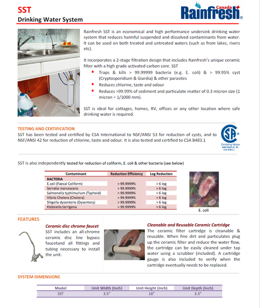 Rainfresh SST Drinking Water System - Cyst Removal Model