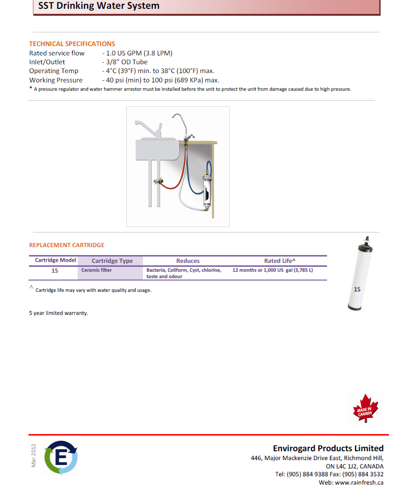Rainfresh SST Drinking Water System - Cyst Removal Model