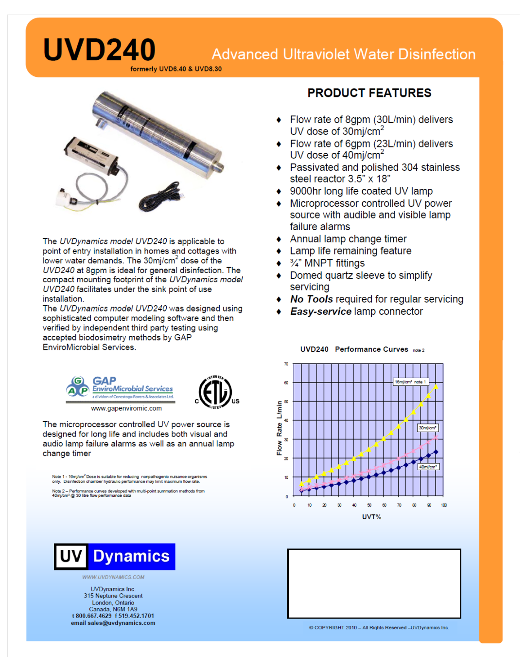 UV Dynamics UV240 Ultra Violet Sterilization System