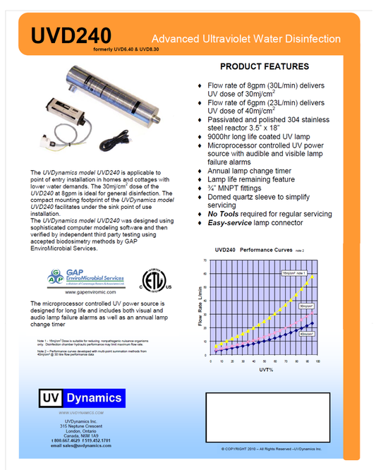 Product flyer for UVD240 Advanced Ultraviolet Water Disinfection system with features and performance curves.