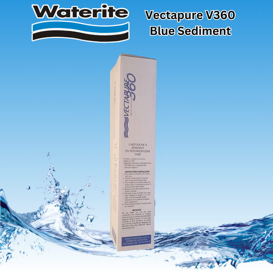Vectapure V360 Blue Sediment water filter cartridge packaging with Waterite branding on a blue background.