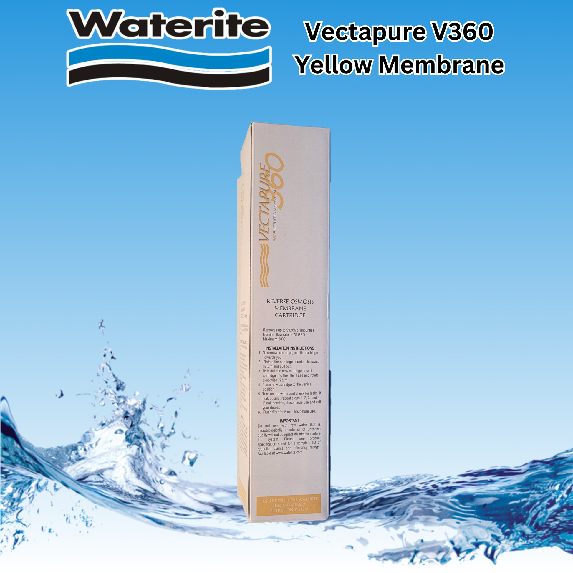 Waterite Vectapure V360 Yellow Membrane packaging with water splash background
