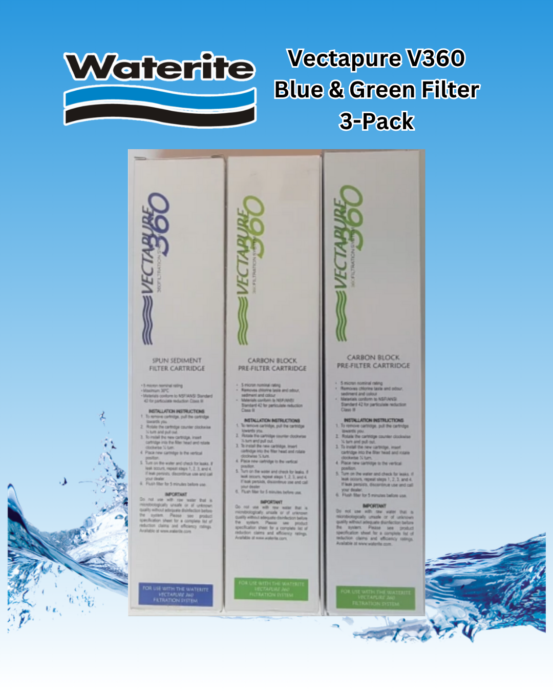 Three Waterite Vectapure V360 filter boxes with a blue and green design on a water-themed background.