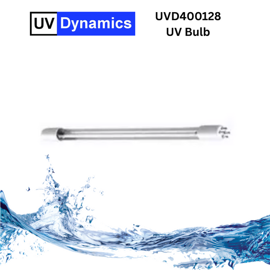 UV Dynamics UV bulb with water splash design on a white background