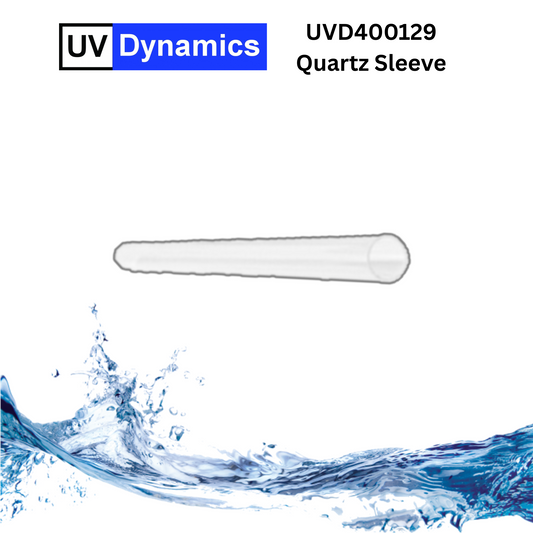 Quartz sleeve with UV Dynamics branding and product code on a white background with water effect.