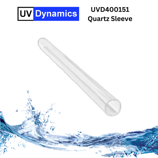 Quartz sleeve with UV Dynamics branding and product code on a white background with water effect.