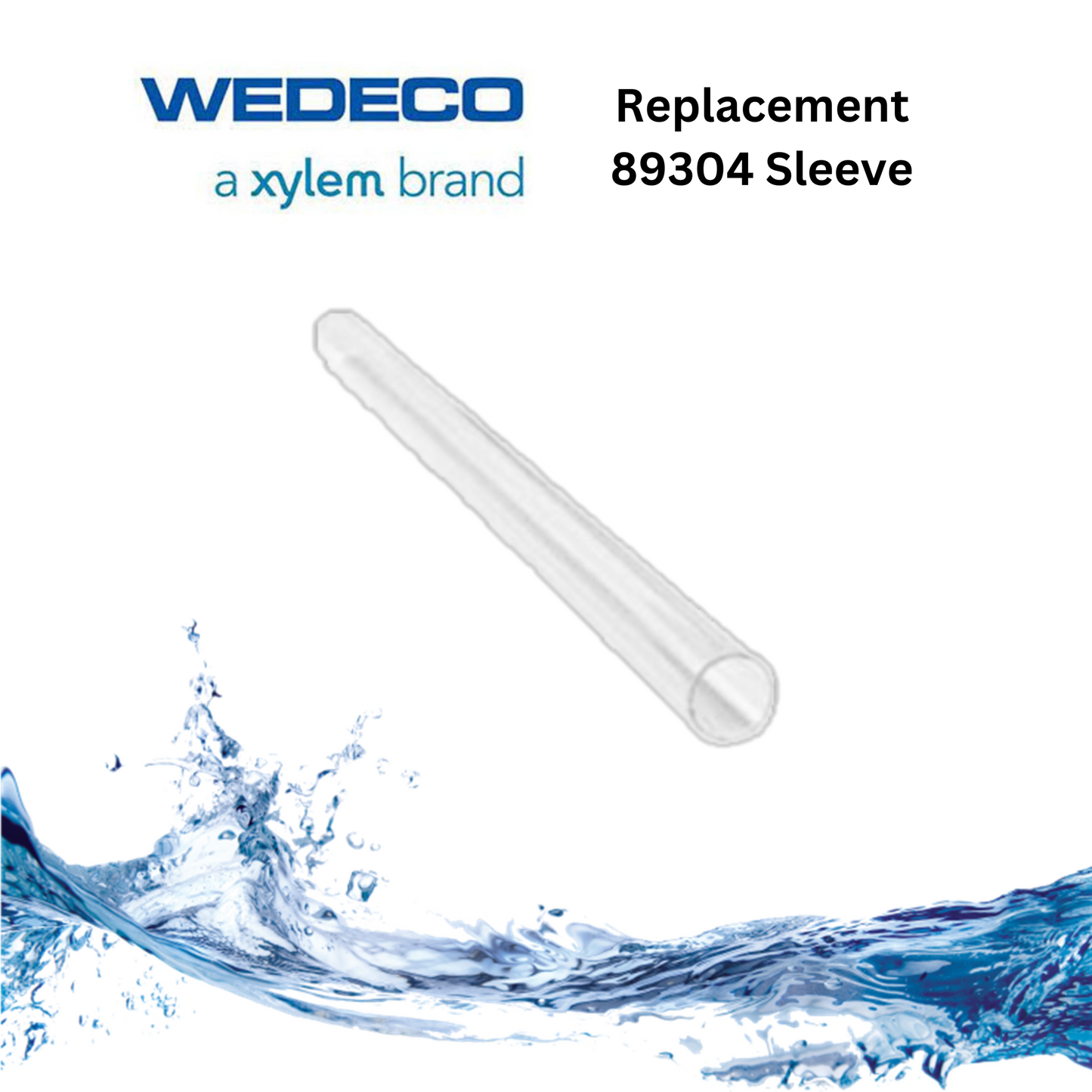 Clear sleeve replacement with Wedeco branding on a white background with water design.