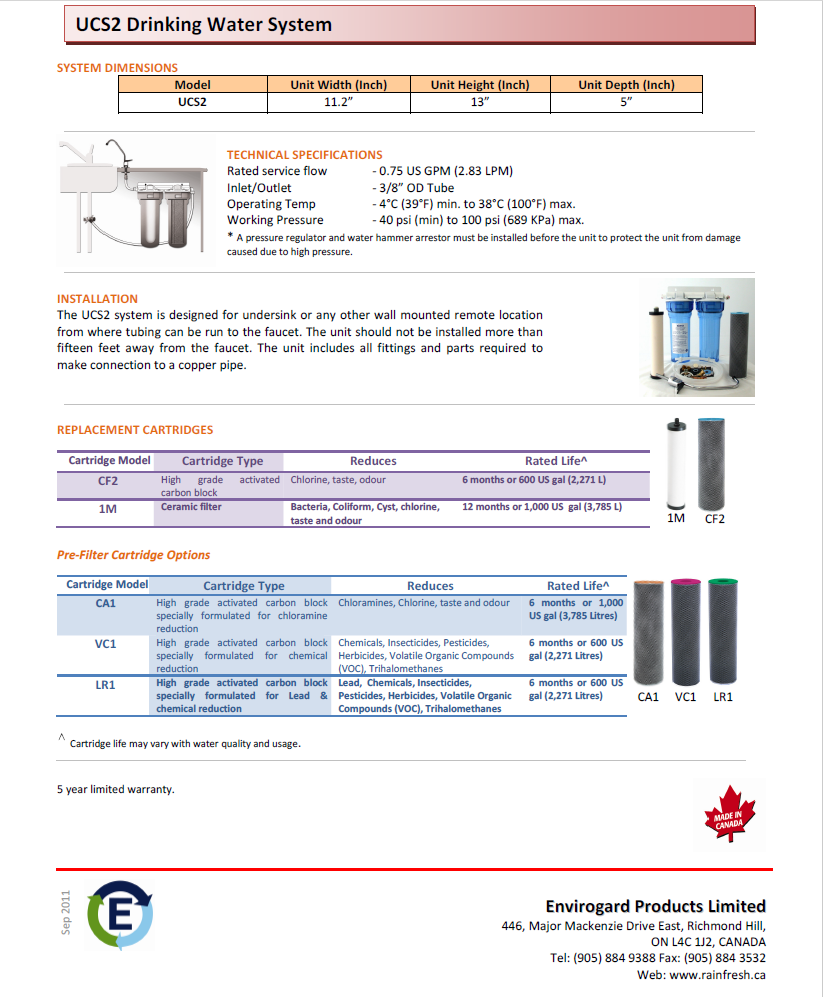 Rainfresh UCS2 2-Stage Drinking Water System w/ Cyst Removal