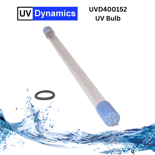 UV Dynamics UV bulb with water splash graphic on a white background