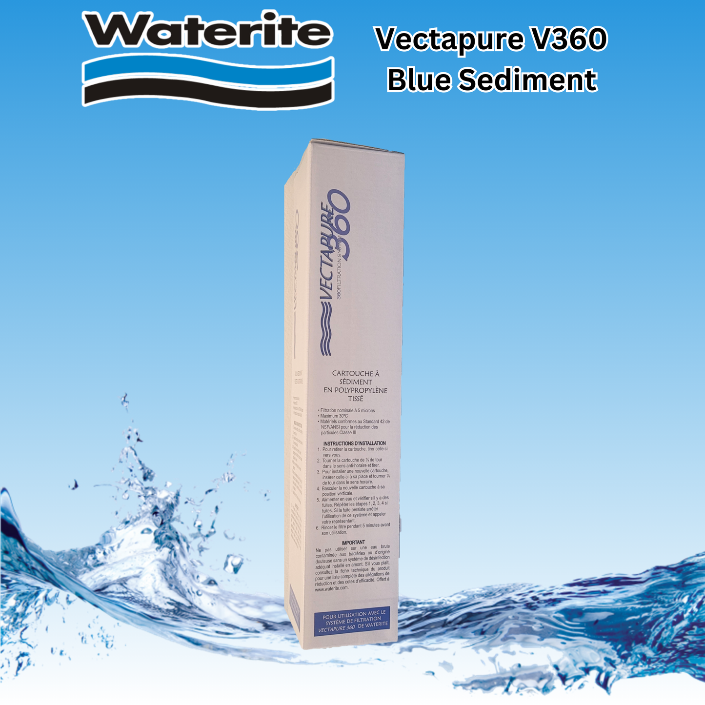 Vectapure V360 Blue Sediment water filter cartridge packaging with Waterite branding on a blue background.
