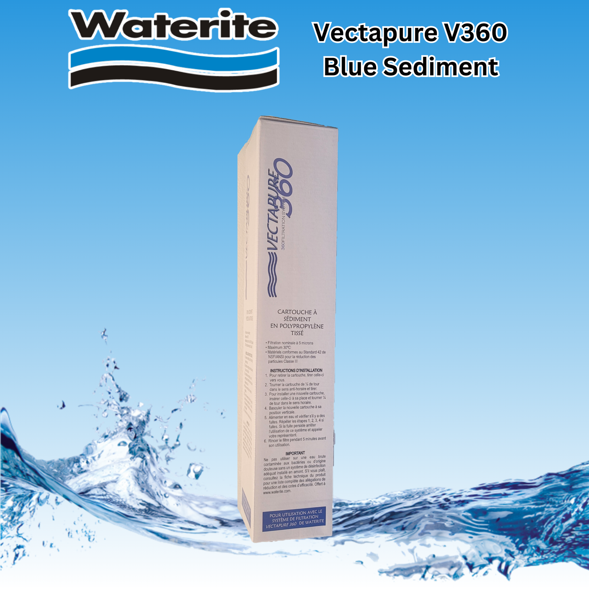 Vectapure V360 Blue Sediment water filter cartridge packaging with Waterite branding on a blue background.