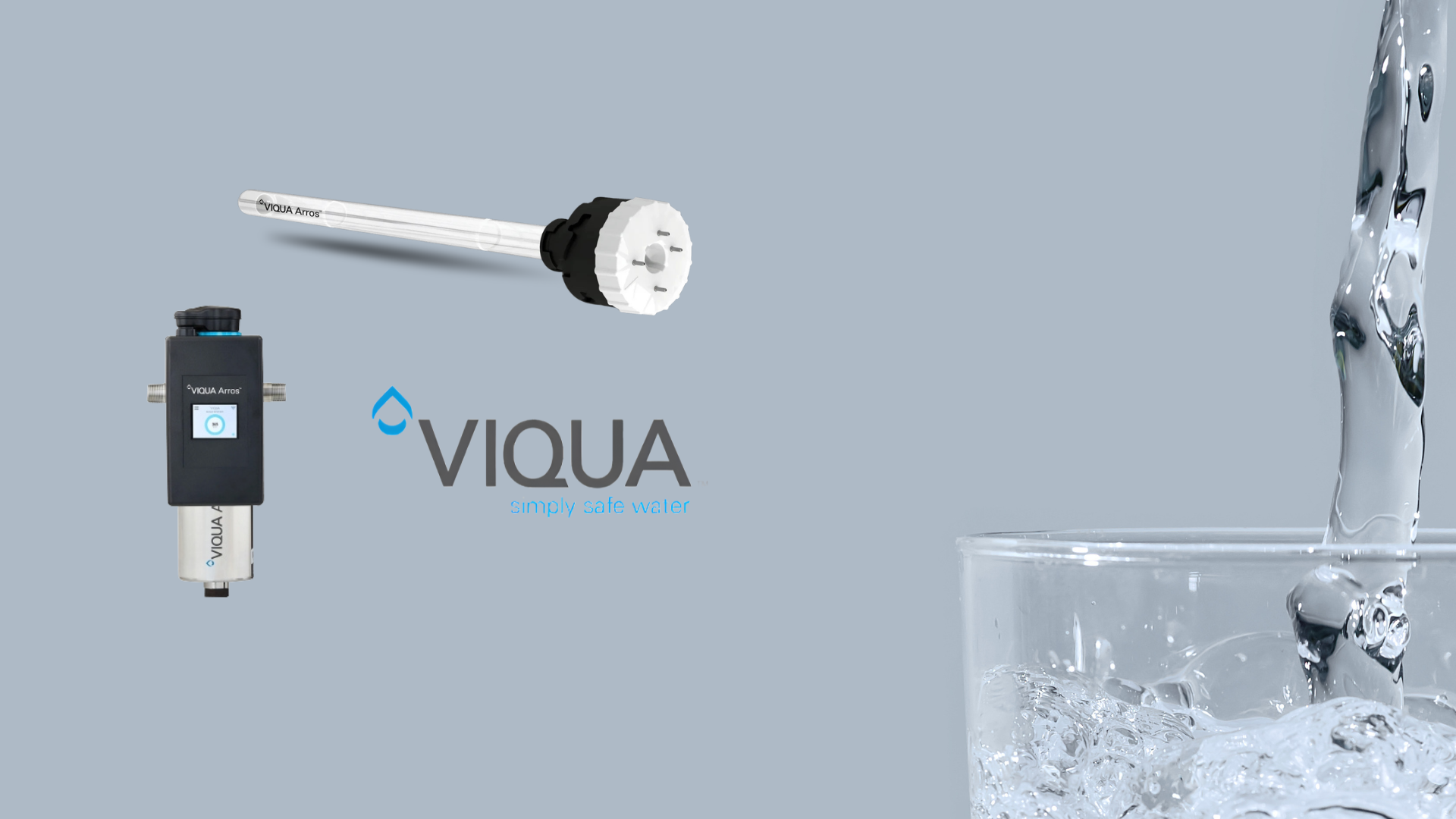 VIQUA ARROS water treatment system components on a gray background